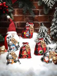 6pcs Christmas Drawstring Bags,Xmas Buffalo Plaid Burlap Candy Bags Linen Treat Bags Christmas Jute Burlap Treat Candy Goodies Drawstring Bags With Tags For Xmas Favors Supplies