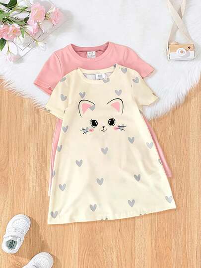 2pcs/Set Baby Girls' Casual Cute Cat & Heart Pattern Short Sleeve Dress, Soft & Comfortable Summer Outfit For Infant/Toddler 0-9 Months, 1-2-3 Years Old, Suitable For Outdoor, Sports, Leisure