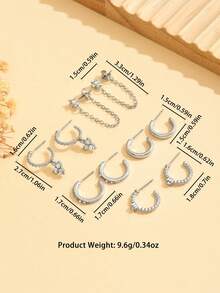 10pcs/Set Fashionable European & American Style Rhinestone Inlaid Glass Stud Earrings, Suitable For Women's Daily And Party Wear