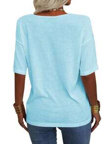 Women's 3/4 Sleeve Shirts V Neck Loose Fitting Tops Casual Solid Color Tshirts  Basic Tunic Summer Ladies Tops - 薄荷色 - 查看 4