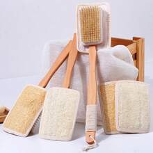 Handheld 2-In-1 Anti Slip Long Wooden Handle Shower Body Brush With Bristles And Loofah Flesh, Double-Sided Long Handle Back Scrub, Body Exfoliating, Wet Or Dry Brush, Back Washer, Back Exfoliating Body Washer Shower Scrub Brush Long Handle Suitable For Men And Women