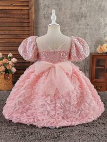 Young Girls' Gorgeous Dress With Sequined Bow Decoration And Three-Dimensional Flower Hem Is Suitable For Flower Girl Weddings, Birthday Parties, Stage Performances, Hosts And Other Important Occasions, And Is Suitable For Various Important Festivals Such As Halloween And Christmas. - Pink - View 4