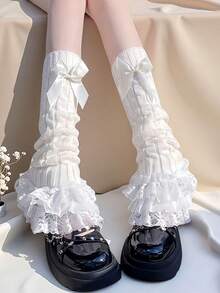1双女士腿套，洛丽塔风格蕾丝边踝套，可爱蝴蝶结毛绒腿套，JK过膝长筒腿套，舞蹈腿套，黑白两色可选，舒适保暖 - 彩色 - 查看 4