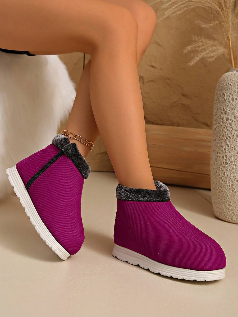 Damen Weinrot Modische Schneestiefel, flache warme Winterschuhe, kurze Winterstiefel