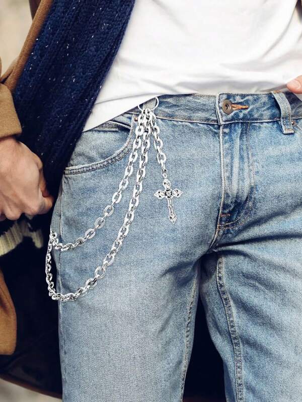 1pc Punk Layered Pants Chain For Men Women, Silver Heart Cross Rivet Tassel Wallet Chains, Hip Hop Pocket Chains, Goth Jewelry Key Chain Wallet For Men