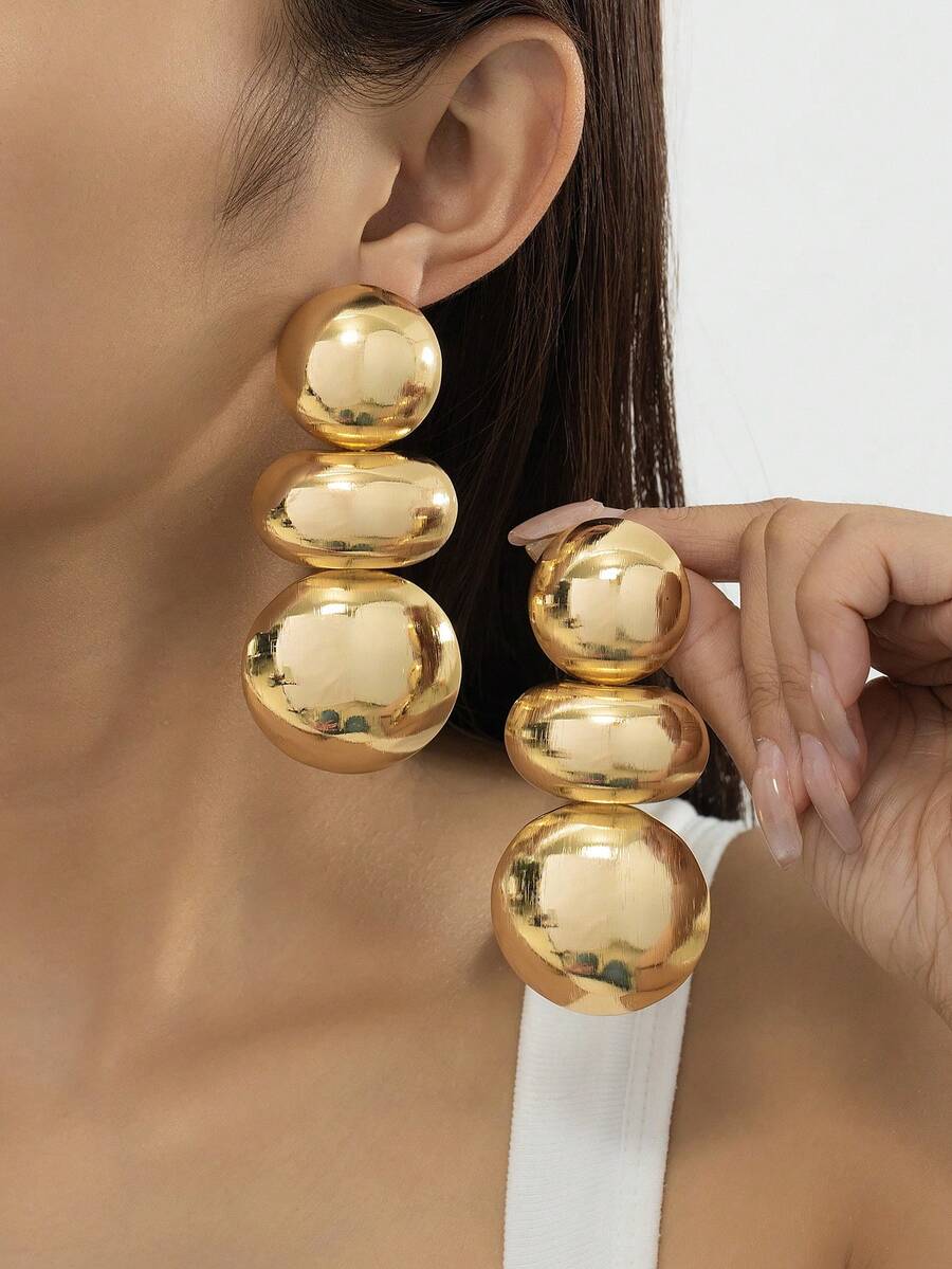 1 Cặp bông tai đinh tán kim loại hình cầu cỡ lớn hình học bất đối xứng - Vàng - Xem 1