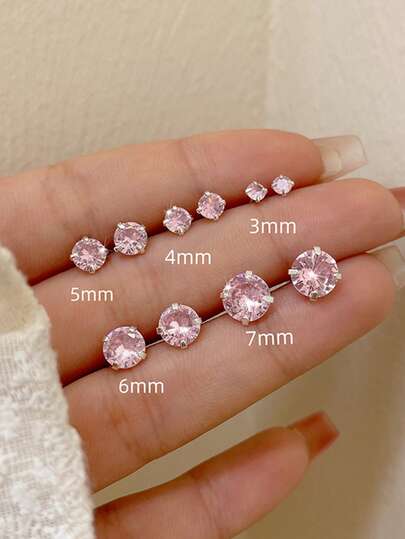 2 piezas Pendientes de Cubic Zirconia rosa de 3/4/5/6/7mm, de lujo y ligeros para uso diario de mujeres
