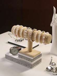 1pc Elegant Faux Linen Beige T-Shape Bracelet Display Stand - Desktop Jewelry Holder, Suitable For Retail Display Cases, No Power Needed, Sturdy Plastic Base, Great For Necklaces, Bracelets And Watches, Watch Stand | Soft Velvet Covered, Suitable For Women, Multi-Functional Desktop Organizer Rack, Non-Electric - Fits Various Installation Types Of Other Material Oval Jewelry Tower