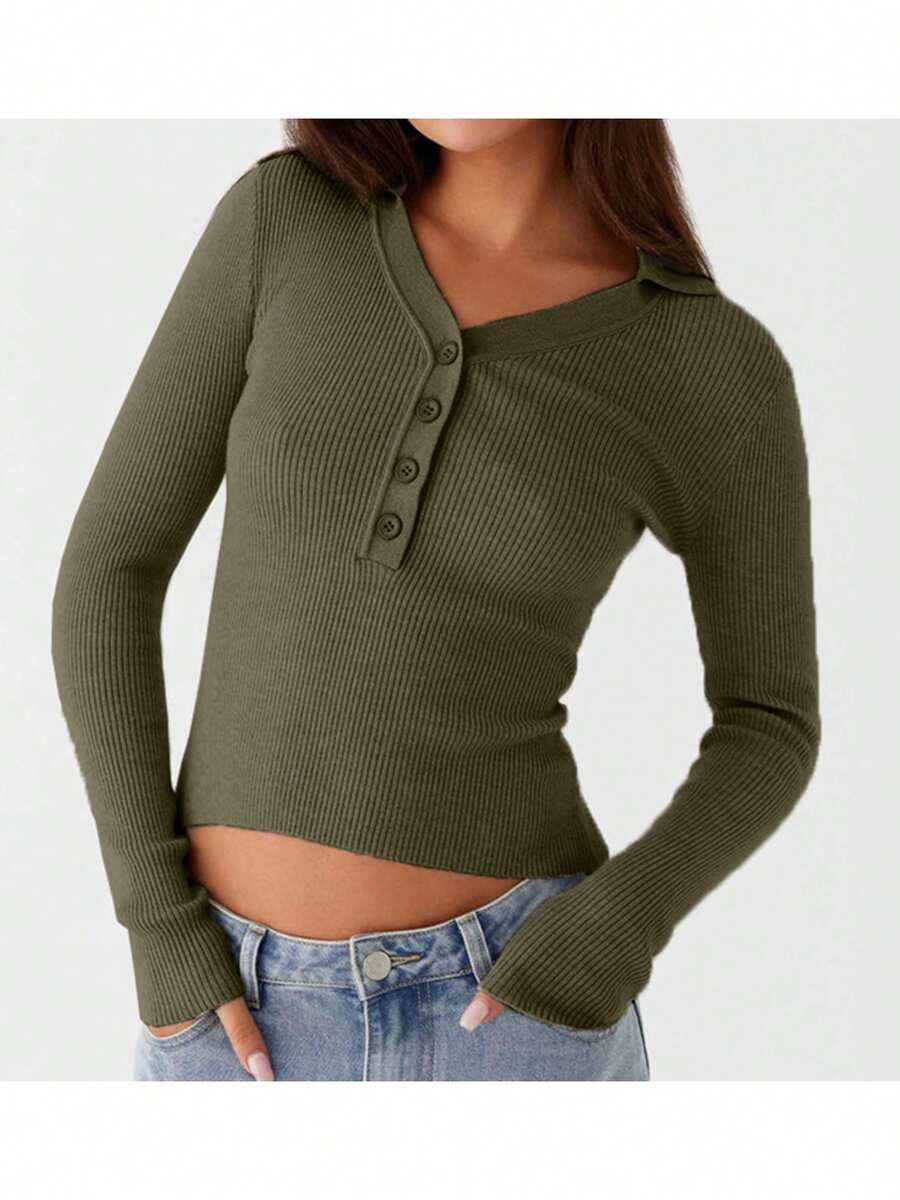 Women's Autumn Knit Tops Long Sleeve Lapel V Neck Button Up Slim Cable Ribble Solid Color Knitwear Going Out Streetwear - Army Green - View 1