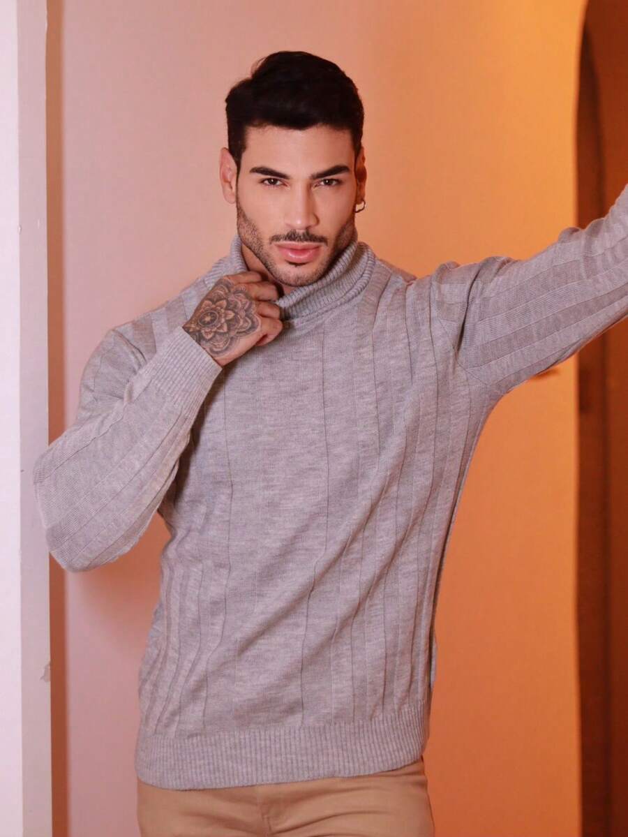Men's Knitted Sweater, Cacharrel, High Neck, Long Sleeve, Plain, Chic, Ribbed - Grey - View 1