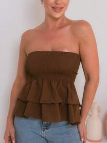 Cropped Elastic Blouse With Ruffle - Rust Brown - View 5