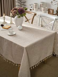 1pc Plain Linen Tablecloth With Tassels, Rustic Farmhouse Style, Versatile For Kitchen, Coffee Table, TV Stand, Suitable For Daily Use, Holidays, Family Gatherings, Birthday Parties, Weddings, Dinner Parties, All Seasons