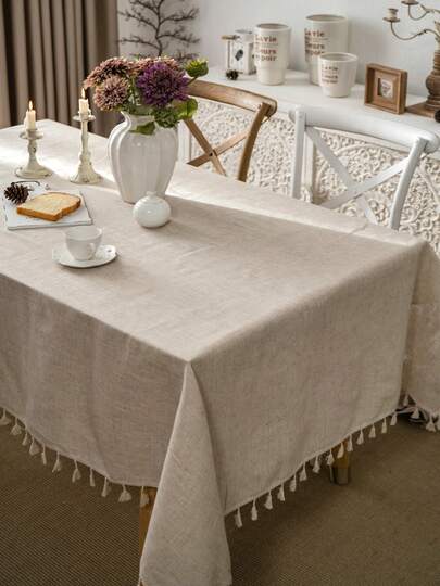 1pc Plain Linen Tablecloth With Tassels, Rustic Farmhouse Style, Versatile For Kitchen, Coffee Table, TV Stand, Suitable For Daily Use, Holidays, Family Gatherings, Birthday Parties, Weddings, Dinner Parties, All Seasons