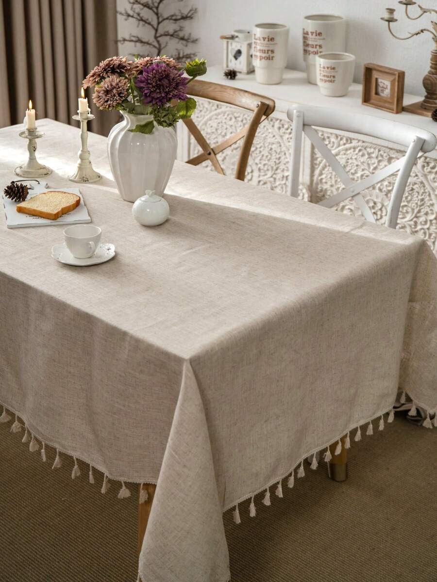 1pc Plain Linen Tablecloth With Tassels, Rustic Farmhouse Style, Versatile For Kitchen, Coffee Table, TV Stand, Suitable For Daily Use, Holidays, Family Gatherings, Birthday Parties, Weddings, Dinner Parties, All Seasons