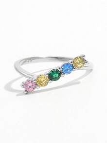 1pc Elegant Fashionable Minimalist Sparkling 925 Silver Cubic Zirconia Colorful Round Stone Ring, Suitable For Women's Party, Gathering, Daily Wear To Enhance Elegant, Gift