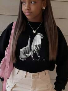 1pc Girl's Personalized Hand Gesture & Text Graphic Sweatshirt, Fashionable & Suitable For Spring/Autumn Party Wear - Black - View 1