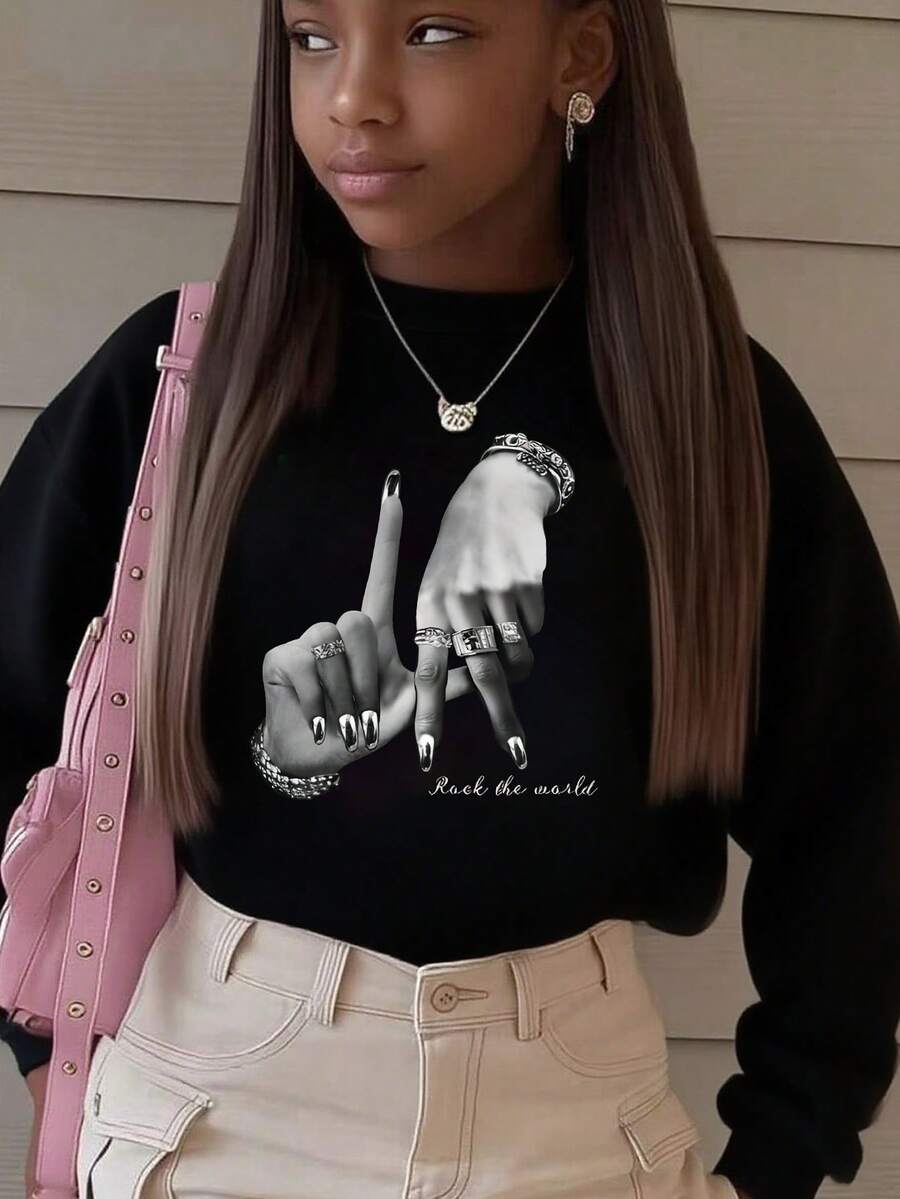 1pc Girl's Personalized Hand Gesture & Text Graphic Sweatshirt, Fashionable & Suitable For Spring/Autumn Party Wear - Black - View 1