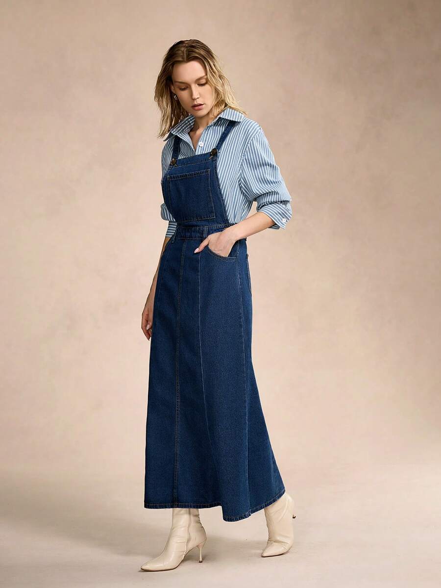 Wish Elegant And Simple Washed Solid Color Women's Denim Suspender Pants; Suitable For Back To School Season, Back To Campus Season, Everyday Wear, Home Wear, And Leisure And Vacation Wear