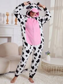 1件装女士保暖法兰绒奶牛印花连体睡衣，蓬松柔软，可爱卡通设计，宽松版型，适合圣诞派对和节日礼物，秋冬季节穿着，舒适保暖 - 白色 - 查看 3