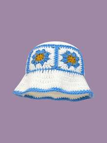 1pc Unisex Knitted Bucket Hat, Handmade Embroidered Bucket Hat, Warm & Windproof, Suitable For Spring & Autumn, Outdoor, Street, Retro Wave Brim