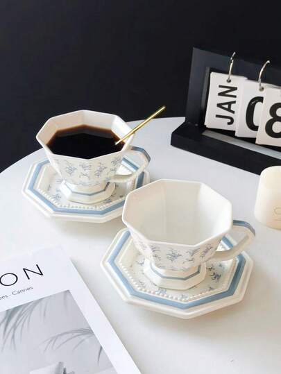 1 Set French Vintage Octagonal Lily Of The Valley Coffee Cup & Saucer Set, High-Quality Retro Hand-Held Cup, Exquisite Craftsmanship Vintage Latte Cup, Suitable For Gathering With Friends, Afternoon Tea, Dessert Plate, Gift For Friends, Relatives And Acquaintances