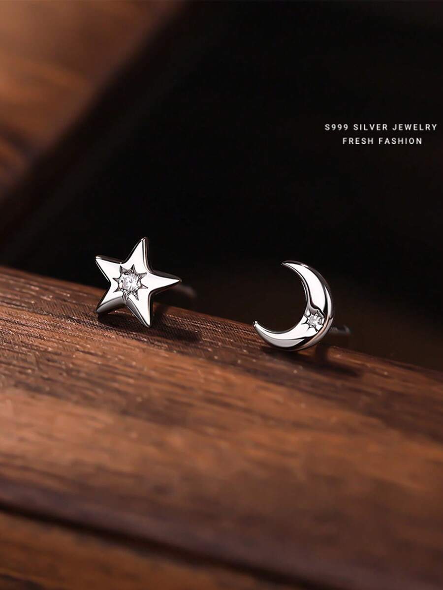 1 Đôi bông tai hình ngôi sao và mặt trăng bằng bạc sterling 925, đính đá Zirconia tinh xảo, dành cho nữ. - Bạc - Xem 1
