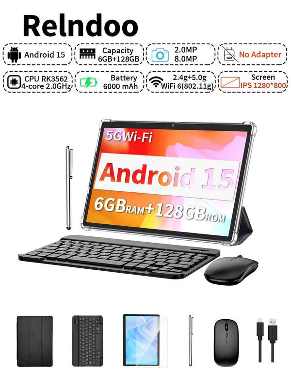 Relndoo Android Tablet With Keyboard And Mouse, Android 15 Tablets, 2 In 1 Tablet, 10 Inch Tablet With Laptop Case, Stylus, Data Cable, RK3562 Quad-Core 2.0 GHz, (6GB+20GB)RAM+128GB ROM, 2MP+8MP Dual Camera, 1280*800px HD Touchscreen, 6000mAh Battery, Supports 1TB SD Expansion, 802.11n Wifi 2.4G/5G Wireless, GPS, Certified Tablet PC (No Adapter) -Black