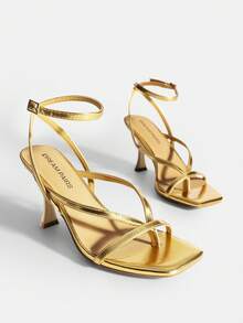Women Kitten Heel Thong Sandals, Fashion Square Toe Ankle Strap High Heeled Sandals For Wedding Party Casual Wearing - 金色 - 查看 1