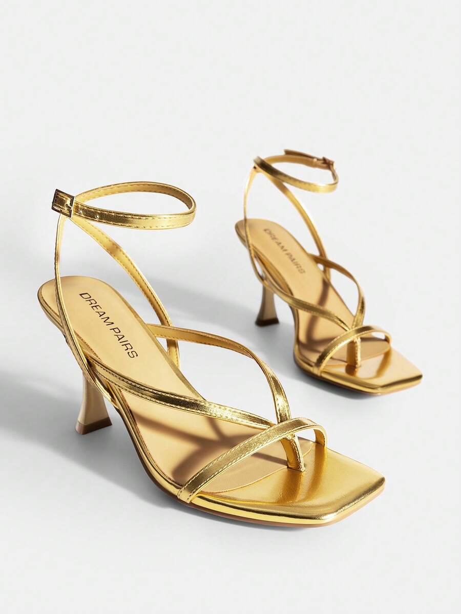 Women Kitten Heel Thong Sandals, Fashion Square Toe Ankle Strap High Heeled Sandals For Wedding Party Casual Wearing - 金色 - 查看 1