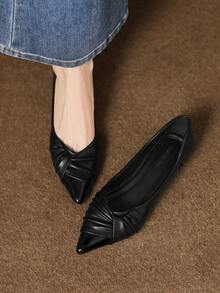 Women's Flat Shoes With Twist Knot Decor, Pointed Toe Soft Bottom Loafers, Hidden Wedge, Slip-On, Versatile, Soft Leather, Comfortable Flats - Black - View 2