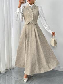 Women Elegance 2 Pieces Outfit, Long Sleeve Jacket And Skirt, Minimalist& Stylish - Khaki - View 2