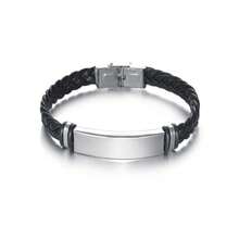 1pc Minimalist Men's Braided Leather & Stainless Steel Bracelet, Customizable