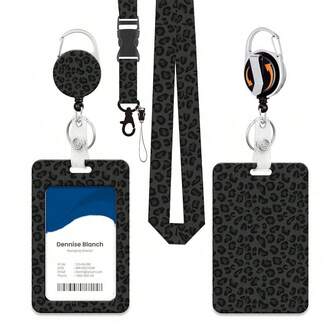 1pc (Badge Clip + Lanyard + Card Holder) Cool Black Leopard Print Teacher ID Badge Holder With Rotating Clip, Minimalist Versatile Nurse Badge Reel, Retractable Personalized ID Card Holder Lanyard, Suitable For Medical, School, Social Workers, Unisex Office Wear