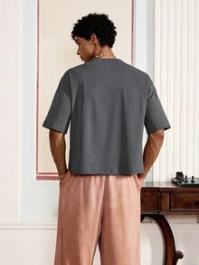 Men's Knitted Casual Everyday Loose Fit Short Sleeve Patchwork T-Shirt, Summer, Streetwear Essentials - Dark Grey - View 2