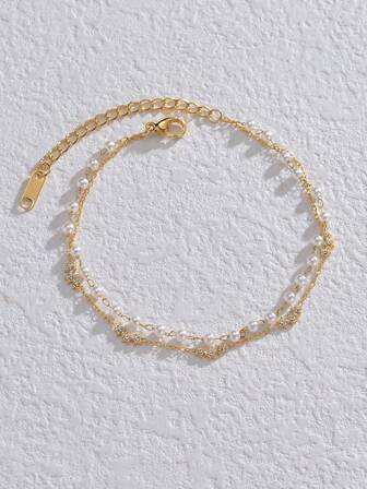 1pc Bohemian Style Stainless Steel Faux Pearl & Rhinestone Decorated Star Shaped Adjustable Bracelet, Ideal For Dating Gift