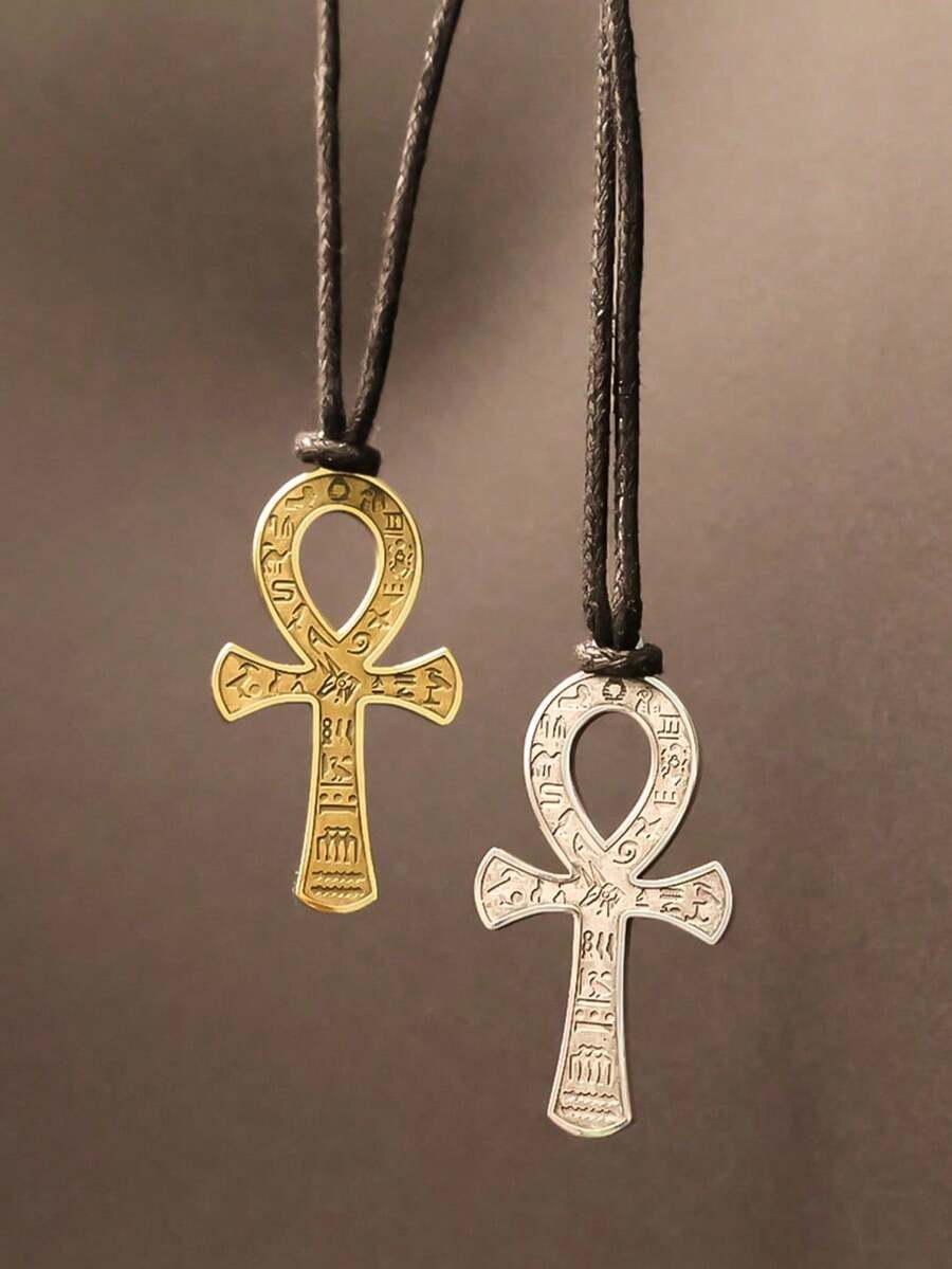 1pc Ankh Cross Necklace, Fashionable Minimalist Metal Leather Cord Unisex Pendant Necklace, Suitable For Party, Gathering, Outdoor, Daily Outfit - 彩色 - 查看 1
