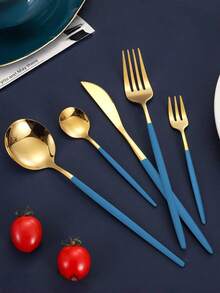 1PC Of Five-Piece Stainless Steel Cutlery Set, Portuguese Fork And Spoon, Western Cutlery Set, All-In-One, Suitable For Family Gatherings, Parties, Kitchens, Restaurants, Hotels, Weddings, And Back-To-School Season