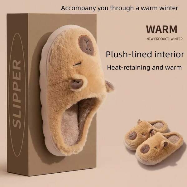Nuevas zapatillas de casa de pareja de capibaras, cálidas y antideslizantes, con suelas gruesas y suaves, aptas para el hogar, interiores, dormitorio, divertidas zapatillas de hombre, casuales, de moda, de dibujos animados, zapatillas de mujer con estilo, zapatillas de capibara color caqui