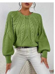 AQE FASHION Casual Solid Color Round Neck Lantern Sleeve Sweater, Autumn/Winter - Green - View 2
