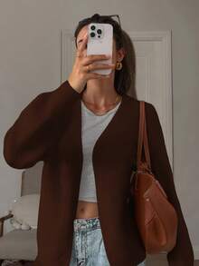 Áo khoác cardigan dài tay cổ chữ V có túi và nút cho nữ, chiều dài thông thường, chất liệu vải co giãn trung bình - Cà phê nâu - Xem 1