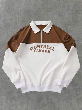 Men's Letter Print Patchwork Pullover Quarter Zip Sweatshirt, Casual Loose Fit Crew Neck Long Sleeve Sweatshirt, Fashionable Spring/Autumn Lightweight Top