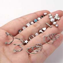 38pcs Medical Grade Stainless Steel Flat Back Earrings, Unisex, Includes 18G Stainless Steel Studs & Hoops, Plus Petite CZ Heart, Star, Moon & Opal Cartilage Earrings - As Shown In the Figure - View 3