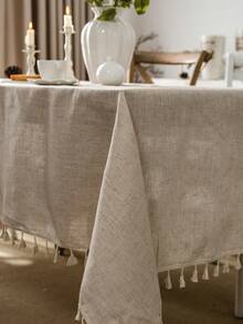 1pc Plain Linen Tablecloth With Tassels, Rustic Farmhouse Style, Versatile For Kitchen, Coffee Table, TV Stand, Suitable For Daily Use, Holidays, Family Gatherings, Birthday Parties, Weddings, Dinner Parties, All Seasons