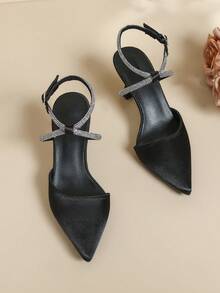 Zapatos de tacón alto de punta cerrada con adornos de strass, versátiles para uso diario - Negro - Ver 6