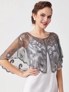 BABEYOND 1920s Shawl Wraps Sequin Beaded Evening Cape Bridal Shawl Bolero Flapper Cover Up - Xám - Xem 1