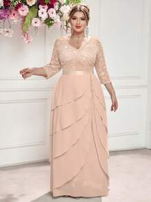 Đầm maxi cỡ lớn cổ chữ V đính sequin, ren hoa, viền bèo nhún bằng chiffon, thanh lịch cho tiệc trang trọng, đám cưới, sinh nhật, lễ tốt nghiệp, tựu trường mùa xuân. - Rượu sâm banh - Xem 5