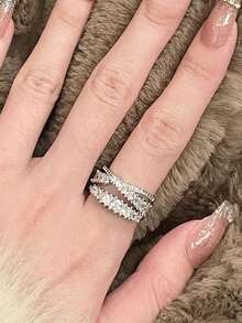 5 件奢华夸张超闪亮方晶锆石可调节开口戒指套装，适合日常时尚、宴会、派对、节日礼物、婚礼新娘佩戴 - 銀色 - 查看 7