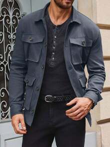 Men's Lightweight Jacket Button Up Casual Windproof Work Coat With Pockets - Màu xám đen - Xem 2