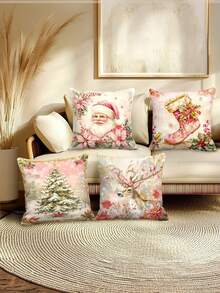 4 件套复古圣诞抱枕套 - 粉色主题，带有圣诞老人、靴子、驯鹿和圣诞树图案 - 舒适时尚的 17.7"X17.7" 拉链沙发和卧室装饰靠垫套 - 高品质涤纶，仅可手洗，不含枕芯 - 彩色 - 查看 6