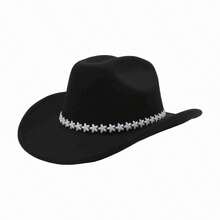 Adult Western Cowgirl Hats Fashionable Wide Brim Fedora Caps With Decorative Band For Daily Life And Party - Black - View 6